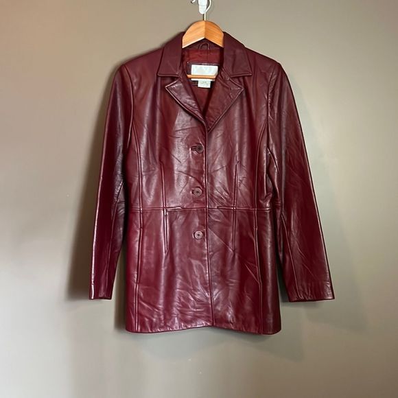 Nine West red/ burgundy leather coat. Size medium - Picture 1 of 12